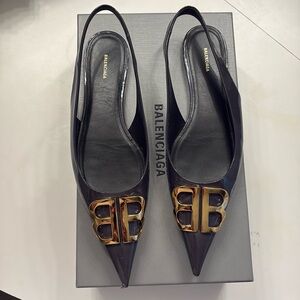 Balenciaga BB Knifepoint sling back flats dark grey patent leather